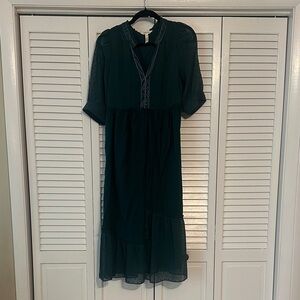 Matilda Jane Dark Green Midi Dress with V-Neck and Ruffle Hem